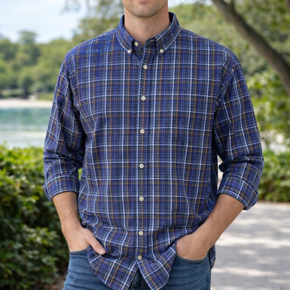 Chaps Shirt Men's 2XLT‎ Long Sleeve Button Down Stretch Easy Care Blue Plaid